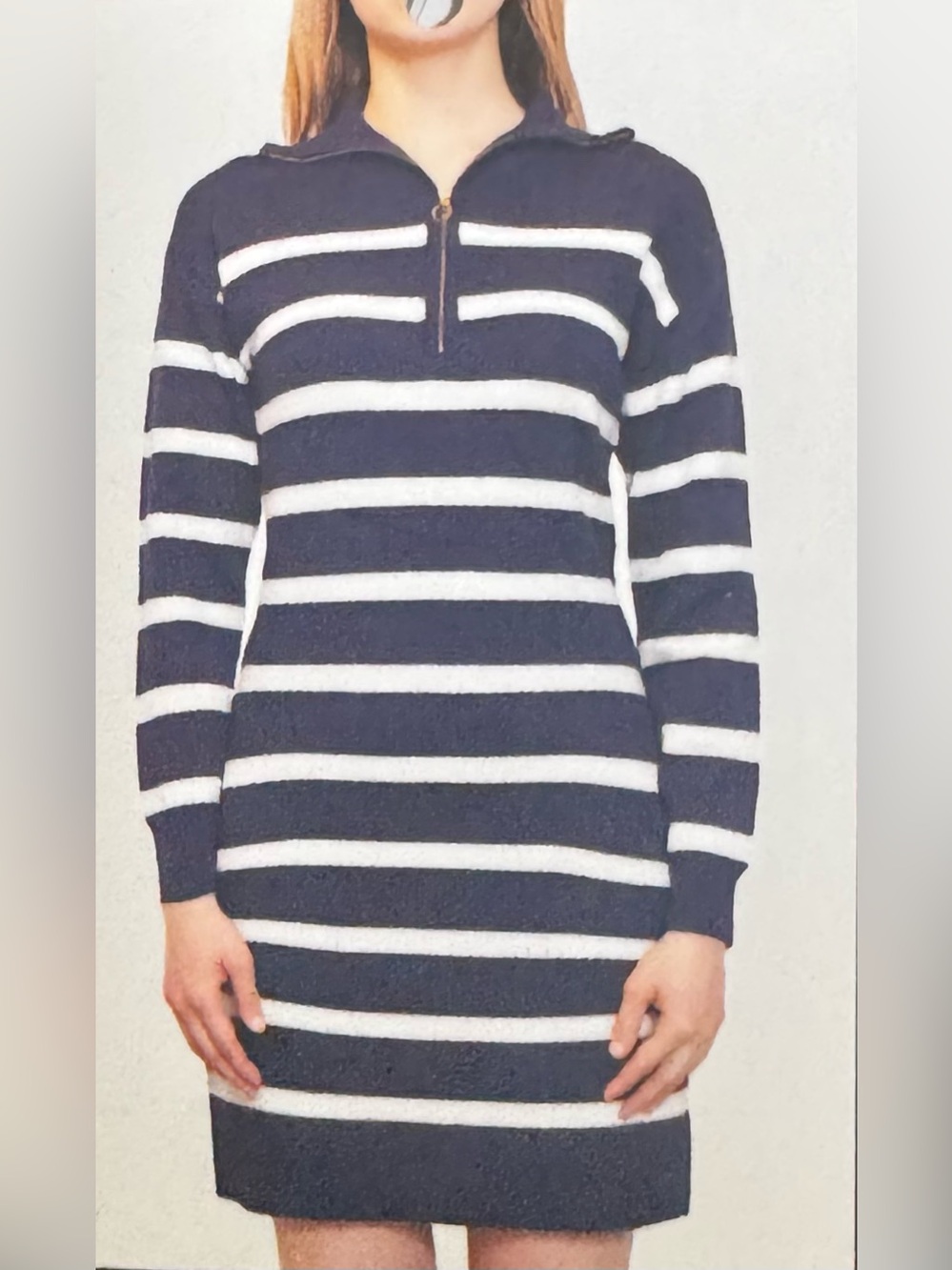 Steve Madden Navy and White Striped Long Sleeve Knit Dress